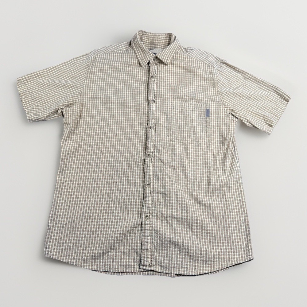 Woolrich Mens L Seersucker Plaid Short Sleeve Shirt Cotton Textured Orange Tan